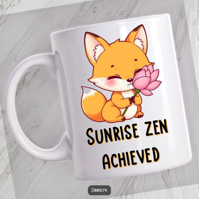 Funny orange fox mug, holding a lotus flower peacefully, zen meditation focus, serene and calm, a perfect funny gift.
