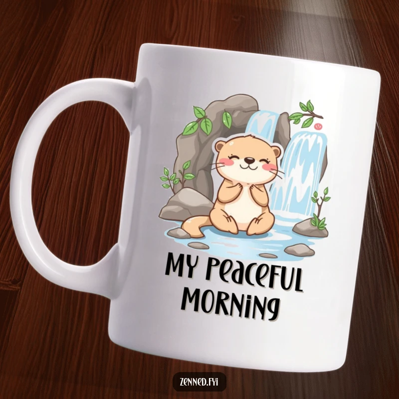 Funny otter mug featuring a playful character meditating happily beside a miniature flowing waterfall, perfect for peaceful, humorous moments.