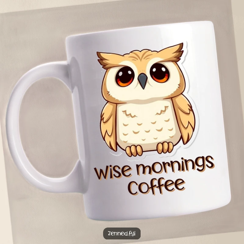 Funny calm owl gazing upwards with a look of deep understanding on a mug, embodying wisdom and humorous insight.