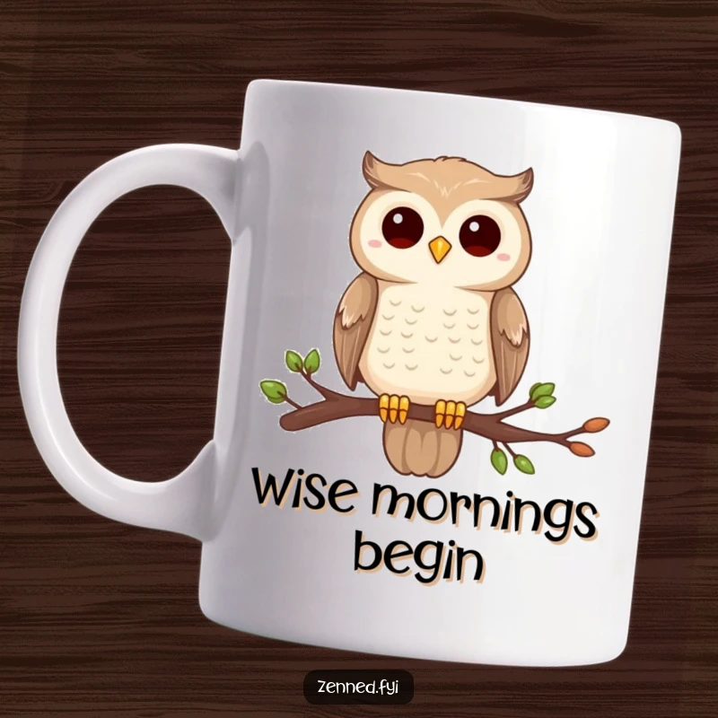 Funny owl mug, perched on a branch, completely still and centered, radiating wisdom and humor.