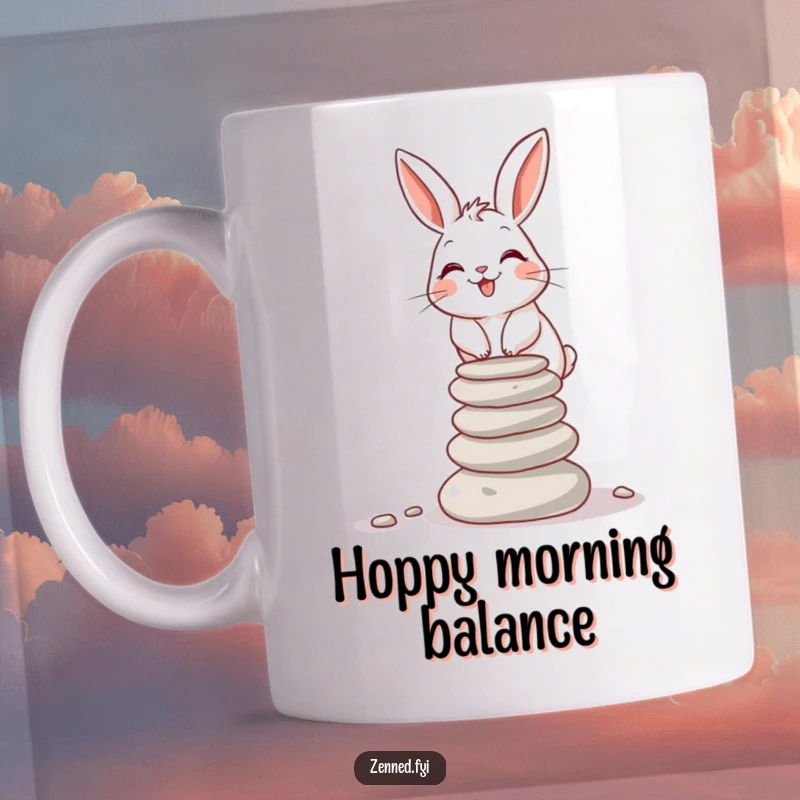 Funny giggling rabbit balancing a small stack of smooth stones on a mug, a fantastic funny gift.