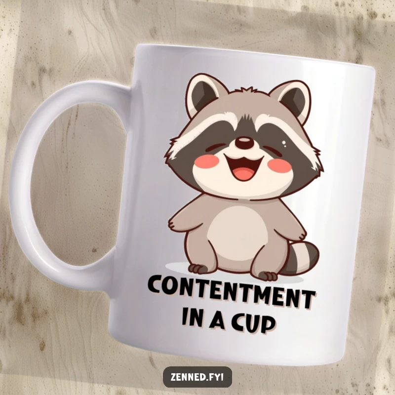 Funny Mug of a delighted raccoon radiating calm, contented energy with a peaceful smile.