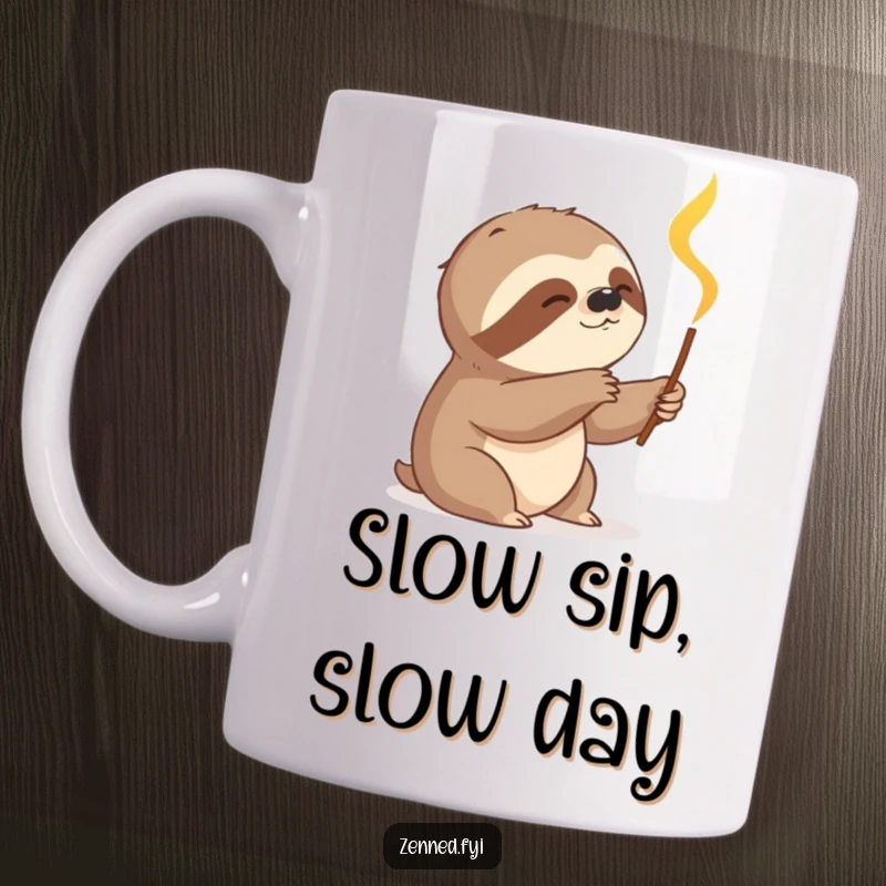 Funny content sloth slowly reaching for a glowing incense stick on a mug, representing relaxation and humor, perfect for a funny gift.