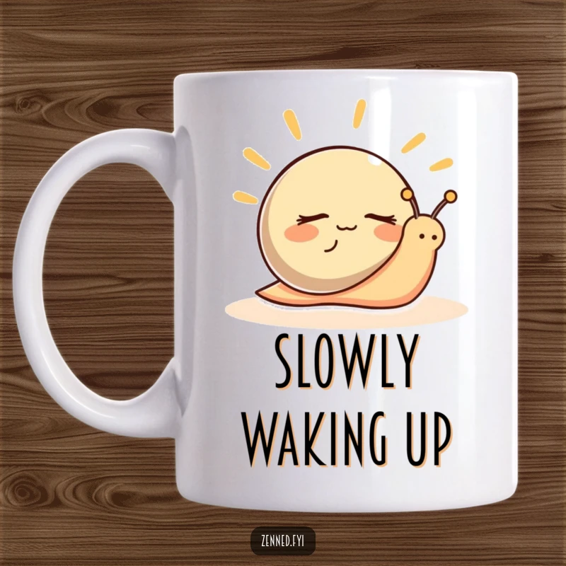 Funny Mug featuring a peaceful snail character with eyes closed, radiating hilarious calm and serenity.