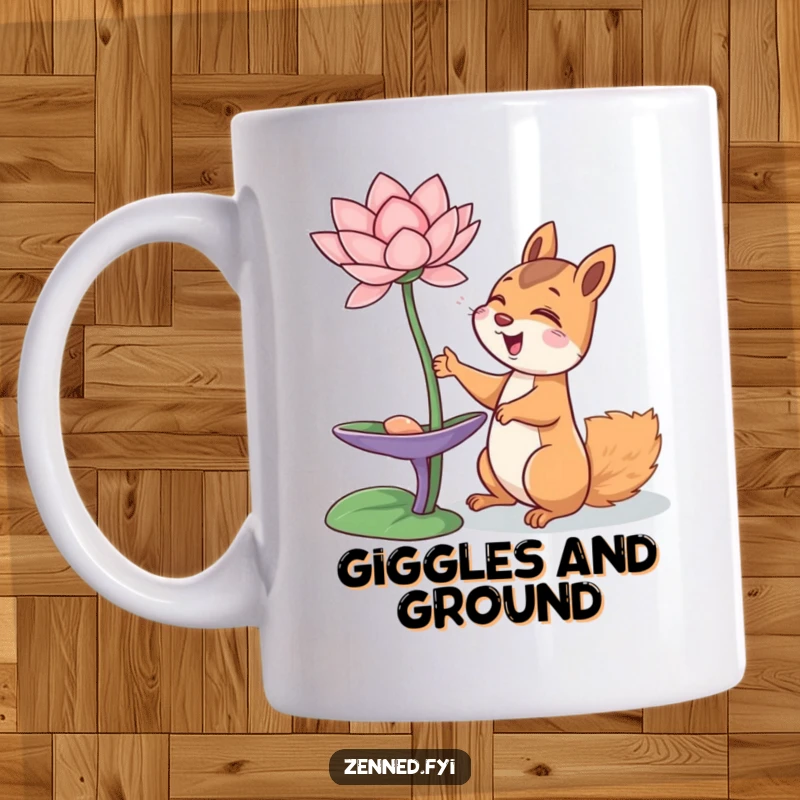 Funny giggling squirrel joyfully reaching for a floating lotus flower, embodying happiness, ideal funny gift.