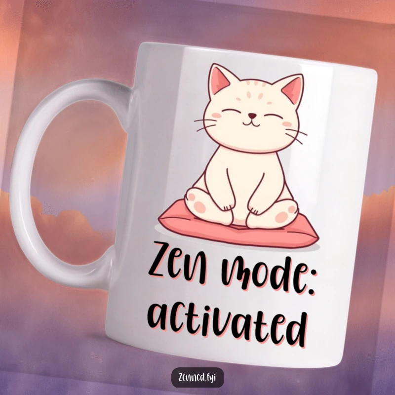 Funny Zen Cat Mug featuring a calm cat in a peaceful lotus position meditating on a cushion, radiating tranquility and humor.