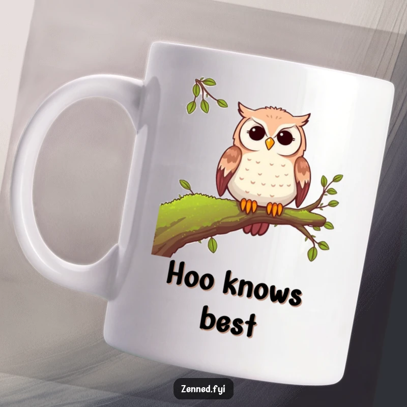 Funny owl mug featuring a serene owl perched on a mossy branch, embodying peaceful contemplation and nature's quiet beauty.