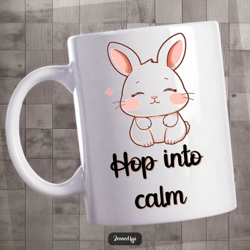 Funny peaceful rabbit with closed eyes and a faint smile, breathing gently on a mug, embodying tranquility and humor.