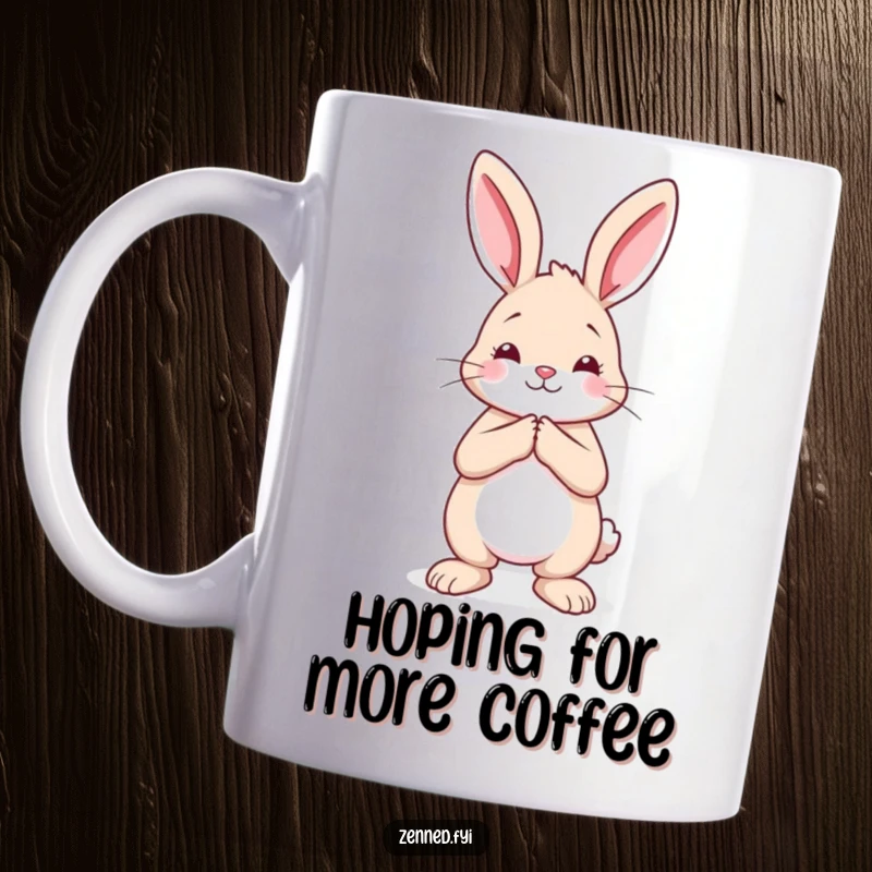 Funny rabbit mug showing a calm creature standing with hands pressed together, suggesting peace and thoughtful humor.
