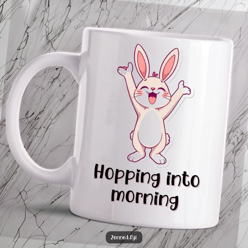 Funny Mug featuring a jubilant bunny character stretching its body towards the sky, radiating hilarious energy.