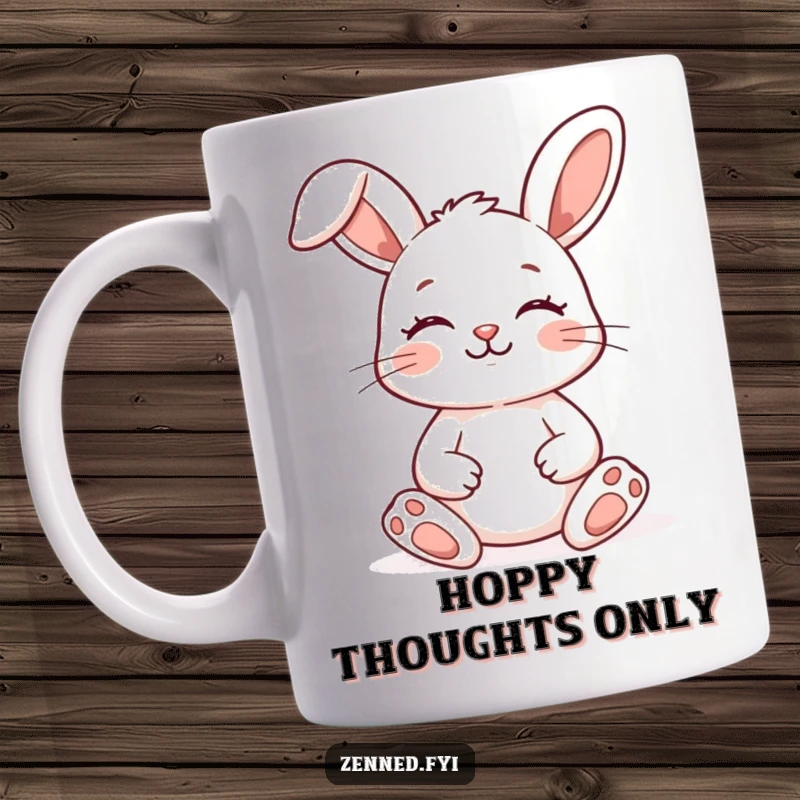 Funny Zen Bunny Mug featuring a smiling bunny meditating peacefully with eyes closed, radiating calm and joy.