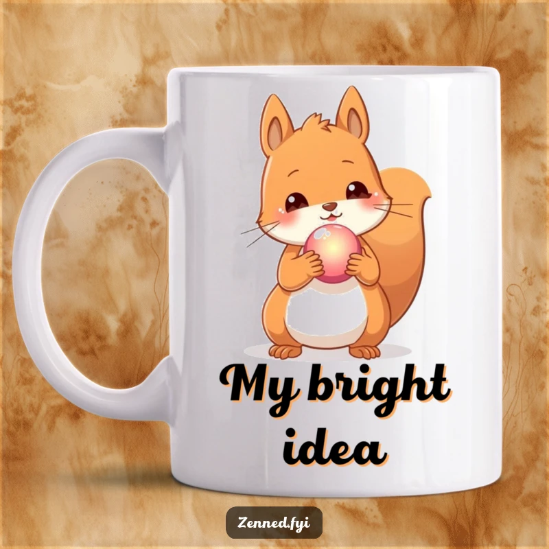 Funny mug featuring a content squirrel holding a small, glowing orb, symbolizing joy, wonder, and magical moments.