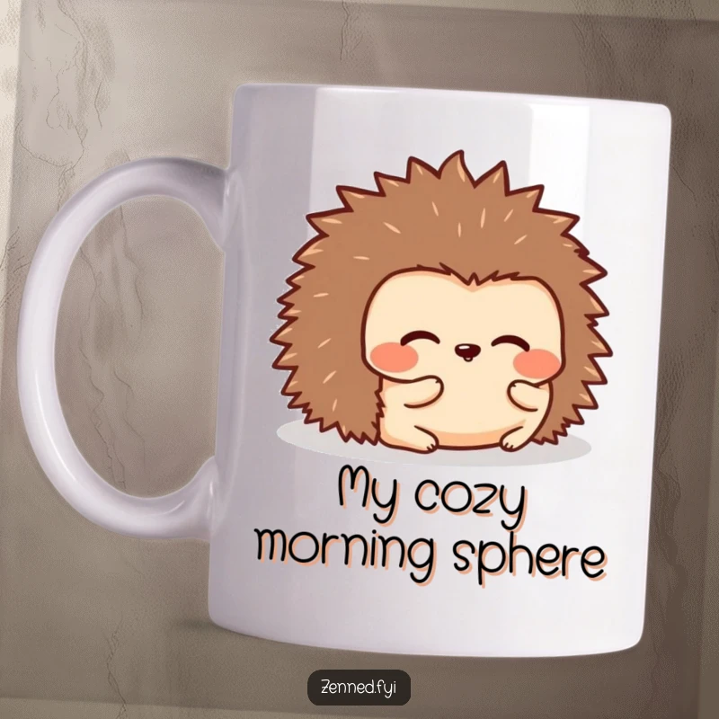Funny mug showing a kawaii hedgehog peacefully rolled into a rounded shape, perfect for cozy humor and a delightful gift.