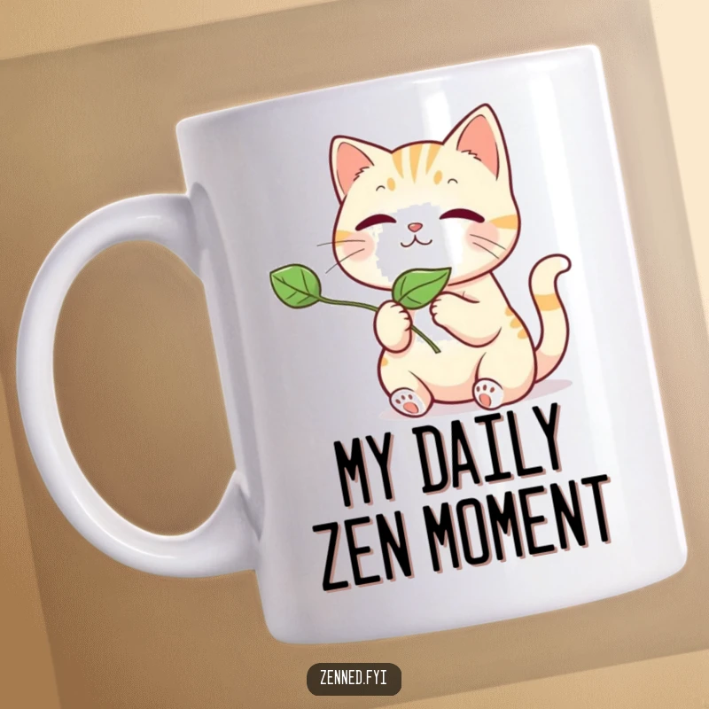 Funny kawaii cat relaxing, gently releasing a floating leaf in a peaceful, serene moment, perfect for a cute gift.