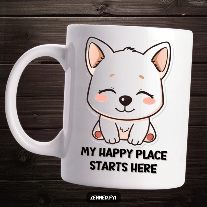 Funny Kawaii Dog Mug featuring a serene character with closed eyes and a gentle smile, radiating peace.
