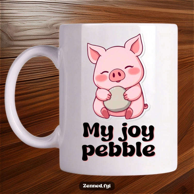Funny pink pig mug, calm demeanor, cradling a smooth pebble, serene and happy, a perfect funny gift.