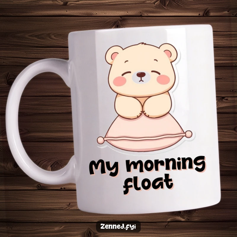 Funny mug featuring a serene bear blissfully floating above a small cushion, embodying ultimate relaxation and peace.