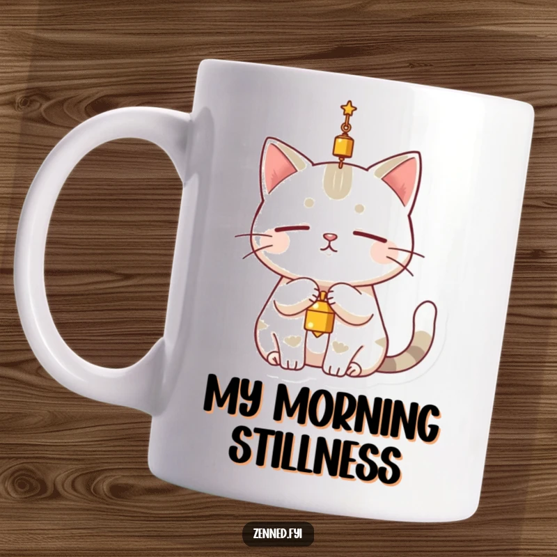 Funny cat mug featuring a serene character completely still, dangling a small bell above its head, ideal for calm humor.