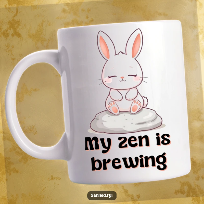 Funny rabbit meditating on a stone, serene white rabbit with closed eyes, perfect for a calming funny gift.