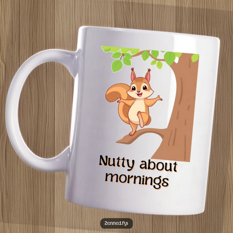 Funny cheerful squirrel mastering a tree pose, balancing on one foot on a mug, embodying playful energy and humor.