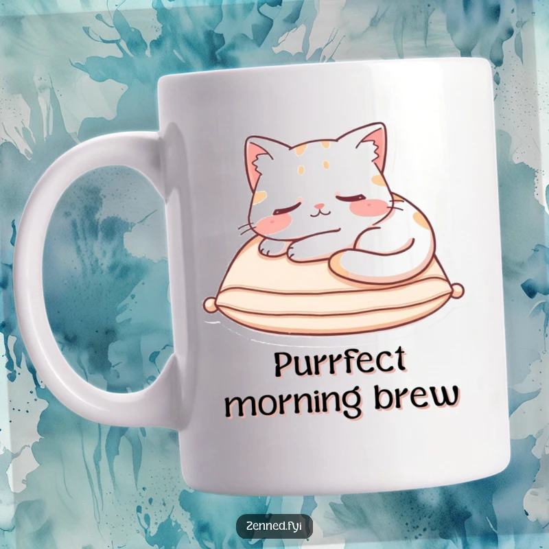 Funny Mug featuring a content cat character curled asleep on a soft cushion, radiating hilarious peacefulness.