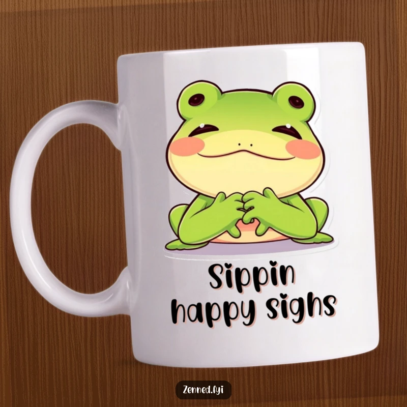 Funny green frog relaxing contentedly with chin on hands, joyful character, perfect for a calming funny gift.