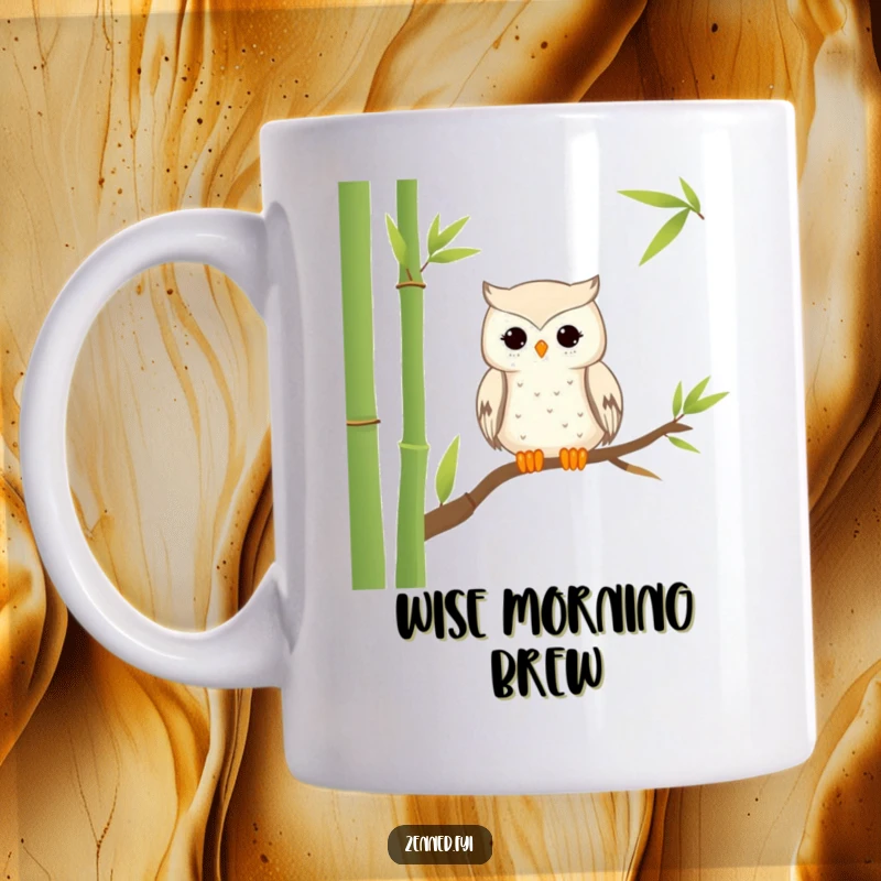 Funny Mug: A tranquil owl perched peacefully on a bamboo stalk, radiating wisdom and hilarious calm.