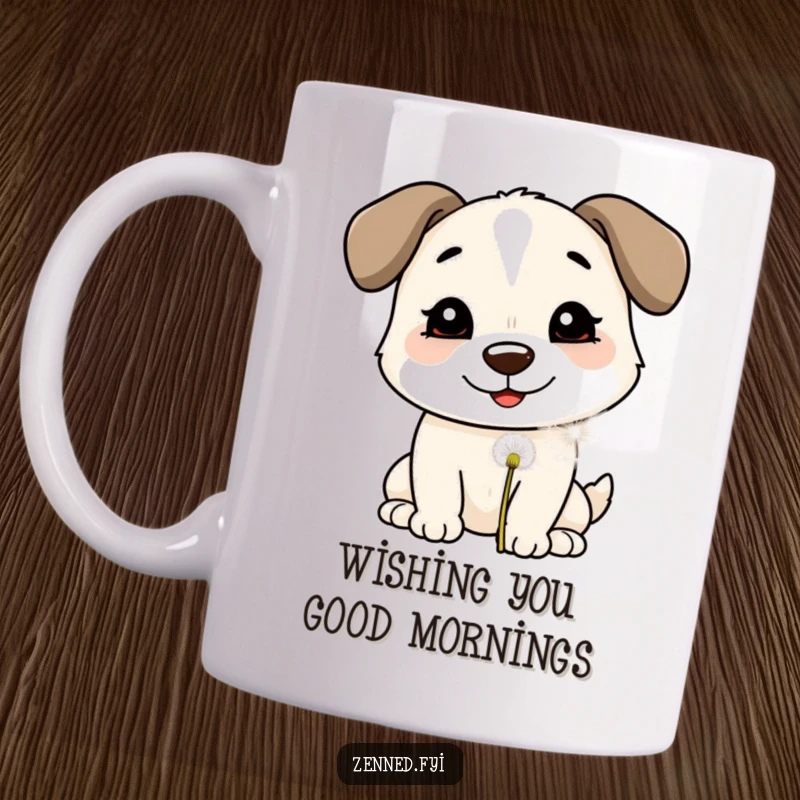 Funny Mug: A smiling dog gently blowing on a dandelion puff, spreading wishes and canine happiness.