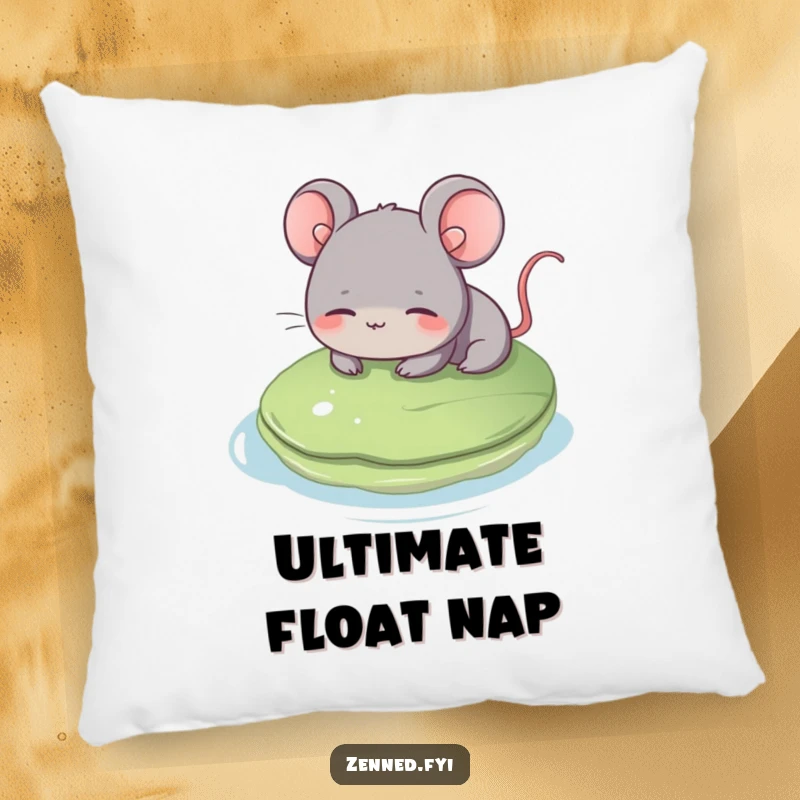 Funny grey mouse pillow, gentle smile, floating calmly, soft and comforting, a soothing funny gift.