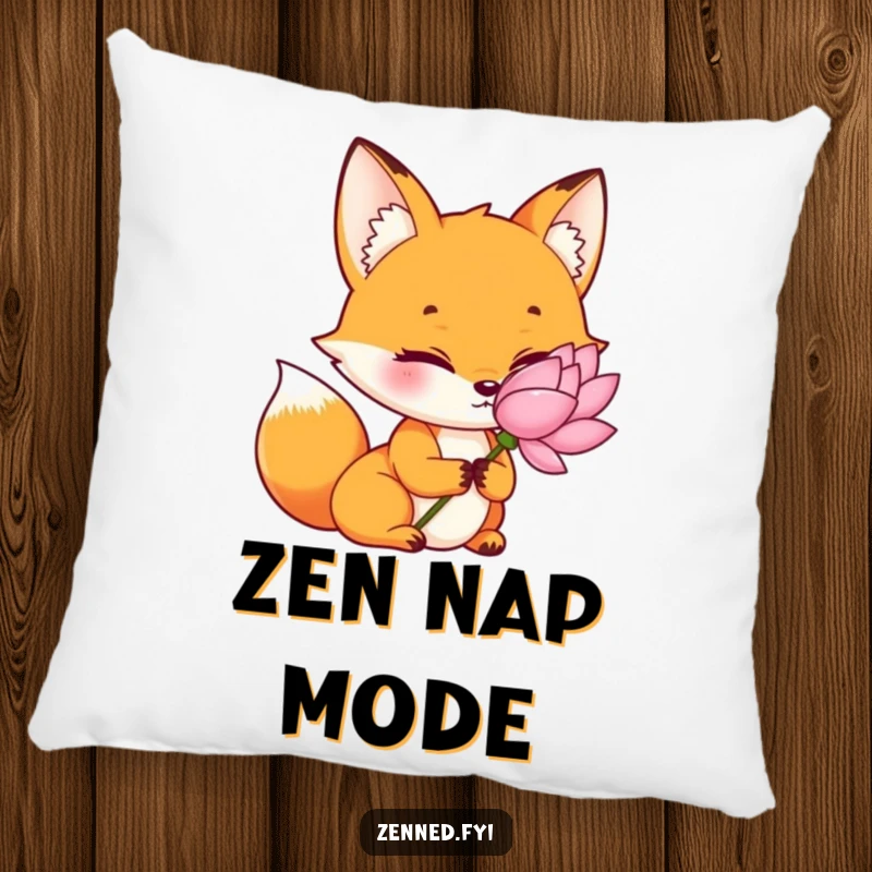 Funny orange fox pillow, tranquil and determined, holding a lotus, soft and comforting, a soothing funny gift.