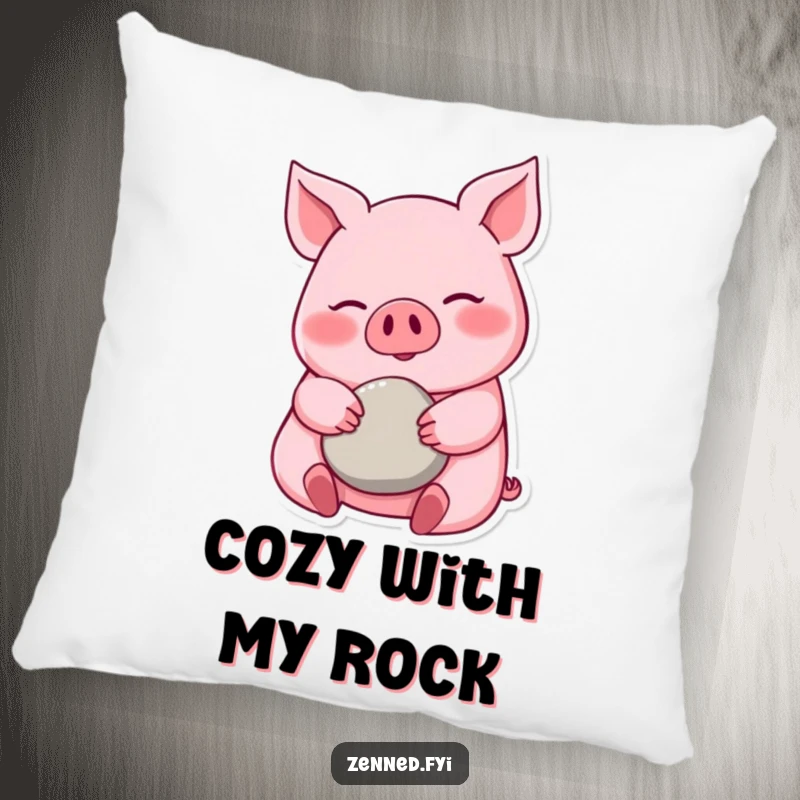 Funny pink pig pillow, gentle smile, cradling a pebble, soft and comforting, a soothing funny gift.