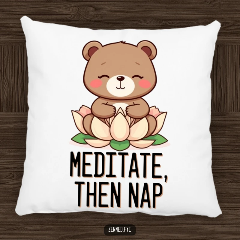 Soft funny bear pillow in a meditating pose on a lotus, a comfortable and funny decorative funny gift.