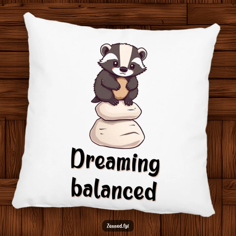 Funny badger balancing on pebbles, depicted on a pillow for cozy, humorous decor, funny gift.