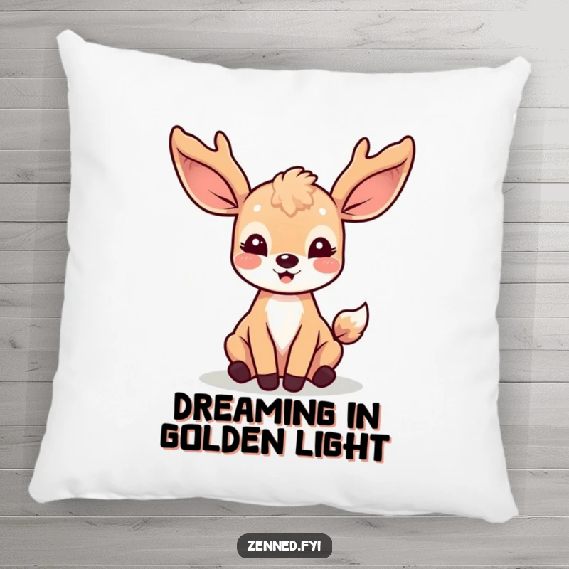 Funny Kawaii Deer Pillow: A soft pillow featuring a joyful deer character surrounded by gentle light rays, perfect for comforting embraces.