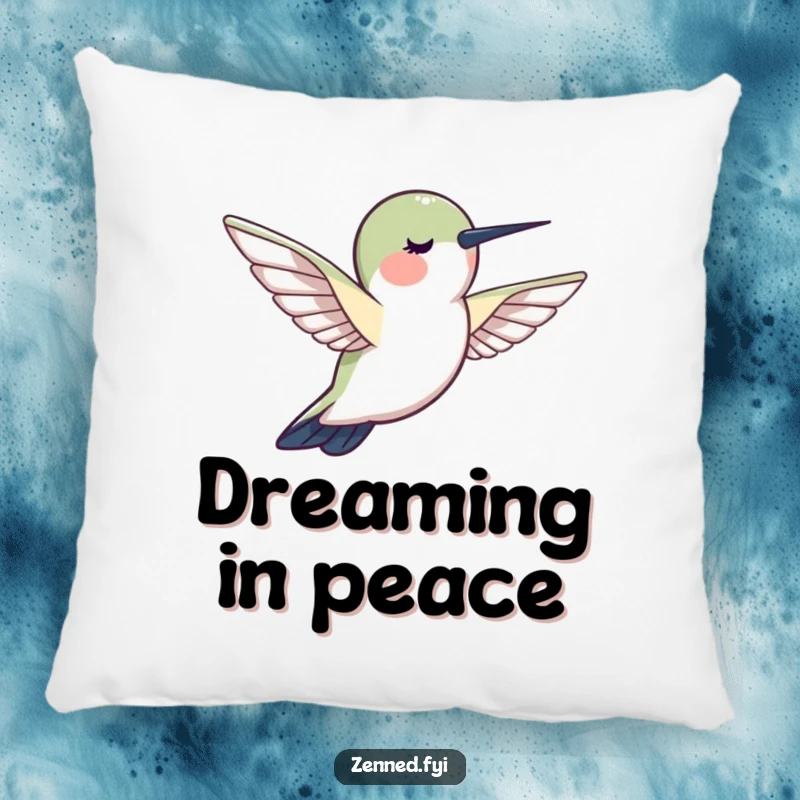 Funny hummingbird calm pillow, a creature hovering motionlessly, radiating peace, soft and humorous for relaxation.