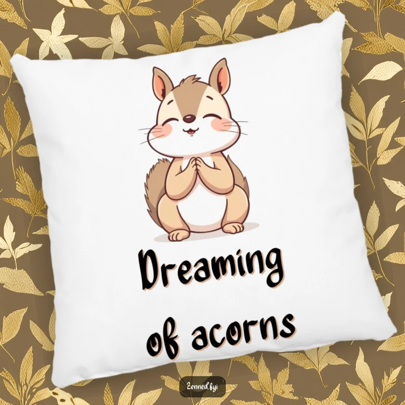 Funny Pillow: A plush, peaceful squirrel meditating with hands clasped, eyes looking up, offering comfort and humor.