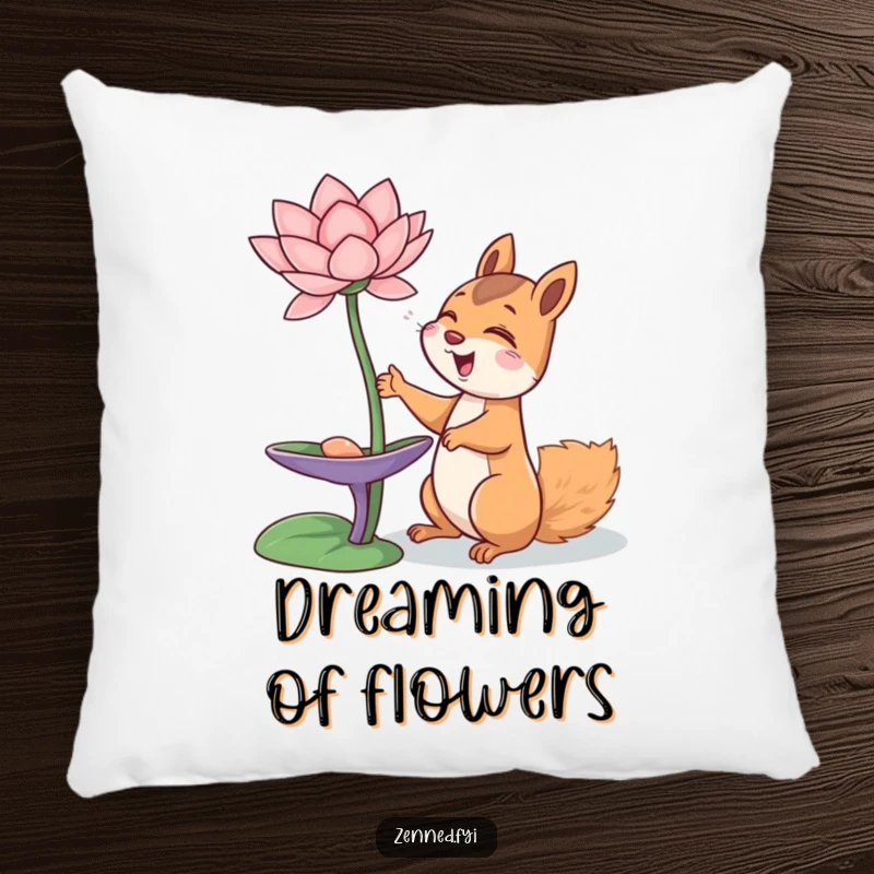 Funny giggling squirrel reaching for a lotus flower, depicted on a pillow for cozy, humorous decor, funny gift.