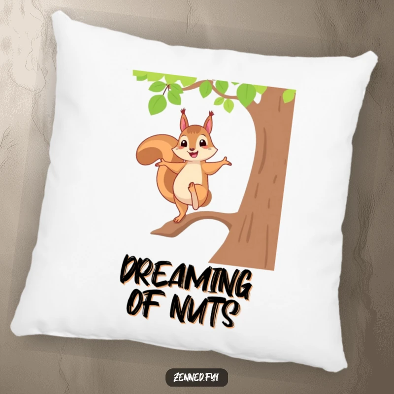 Funny and plush pillow featuring a cheerful squirrel in a perfect tree pose, bringing humorous comfort and balance.