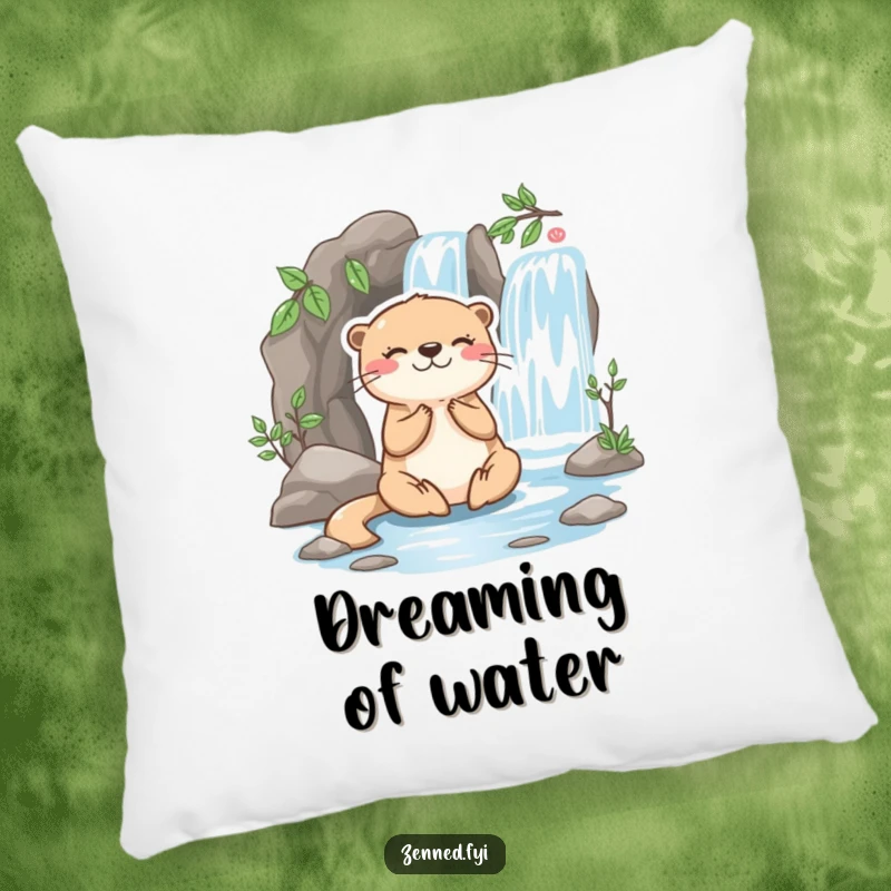 Funny otter pillow featuring a playful character meditating happily beside a miniature flowing waterfall, offering serene and playful humor.
