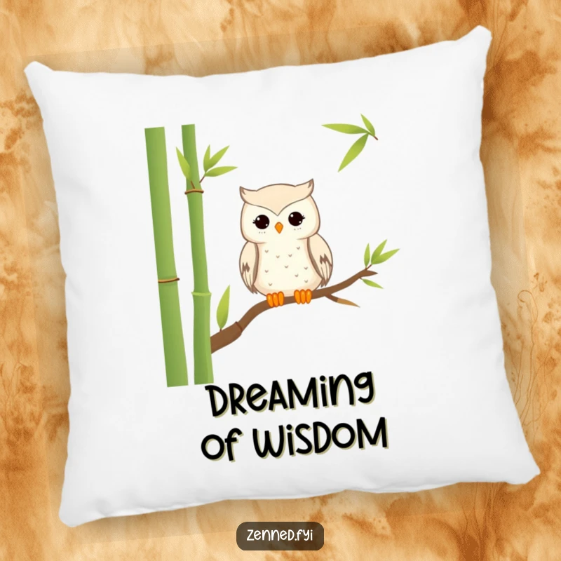 Funny Pillow: A soft, tranquil owl perched peacefully on bamboo, offering hilarious comfort and zen.
