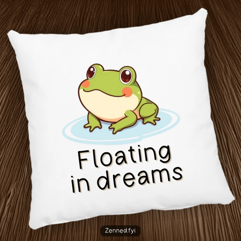 Funny frog pillow featuring a content frog floating serenely on water. Soft and humorous decor for relaxation.