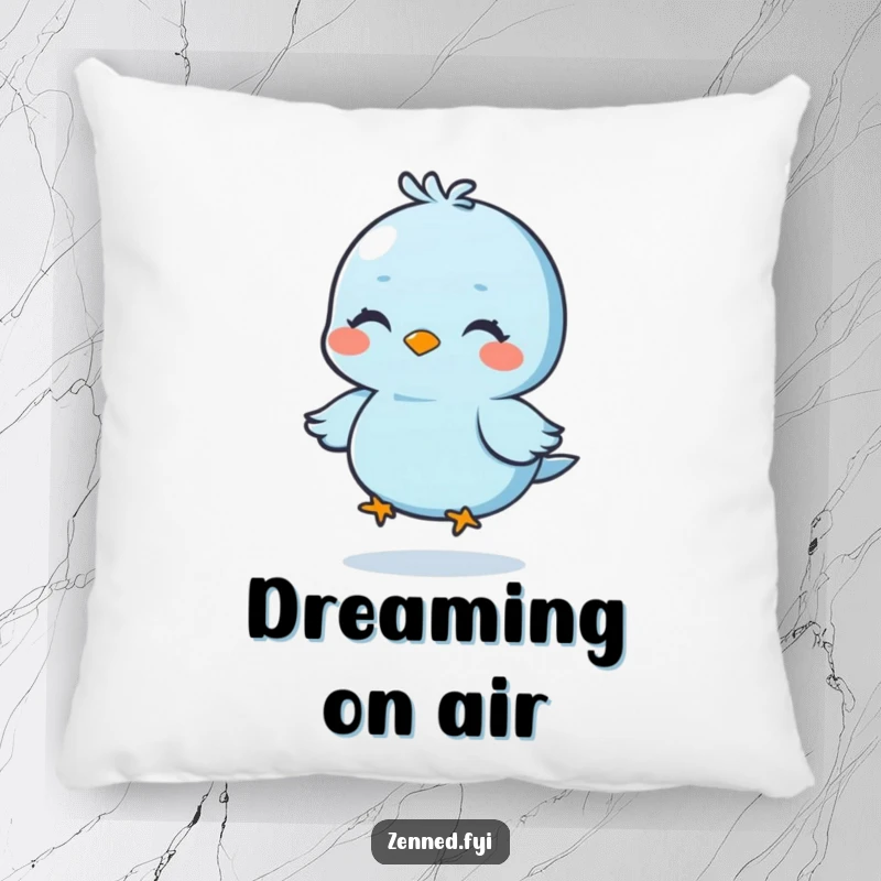Funny pillow with a calm blue bird meditating and floating, soft and humorous comfort, perfect funny gift.