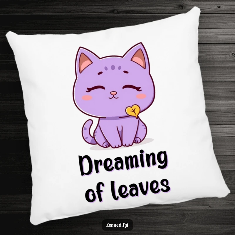 Funny cat pillow with a thoughtful purple cat in a peaceful pose, observing a gentle leaf fall, providing soft comfort and humor.