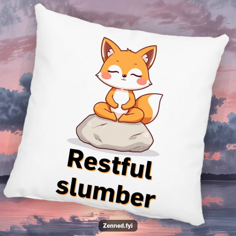 Funny Fox Pillow: A cheerful fox meditates on a stone, adding comfort and peaceful vibes to your space.