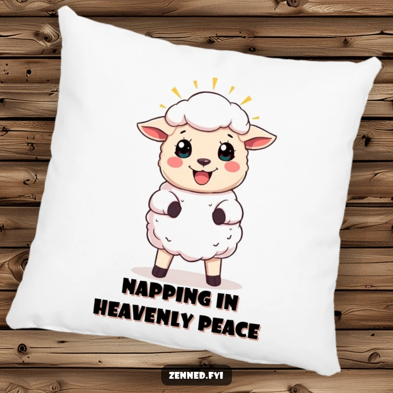 Funny pillow featuring a joyful sheep with a soft halo, offering comforting support and a touch of divine humor.