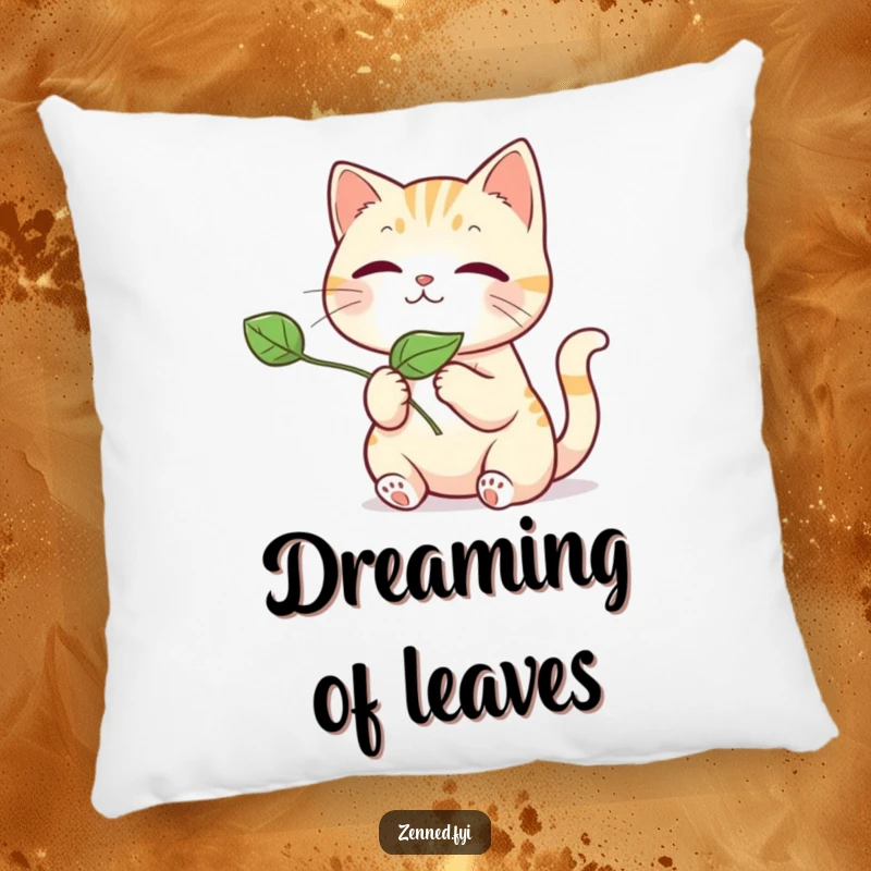 Funny kawaii cat pillow, soft and plush, showing a cute cat releasing a floating leaf, adding a funny, serene touch to any couch.