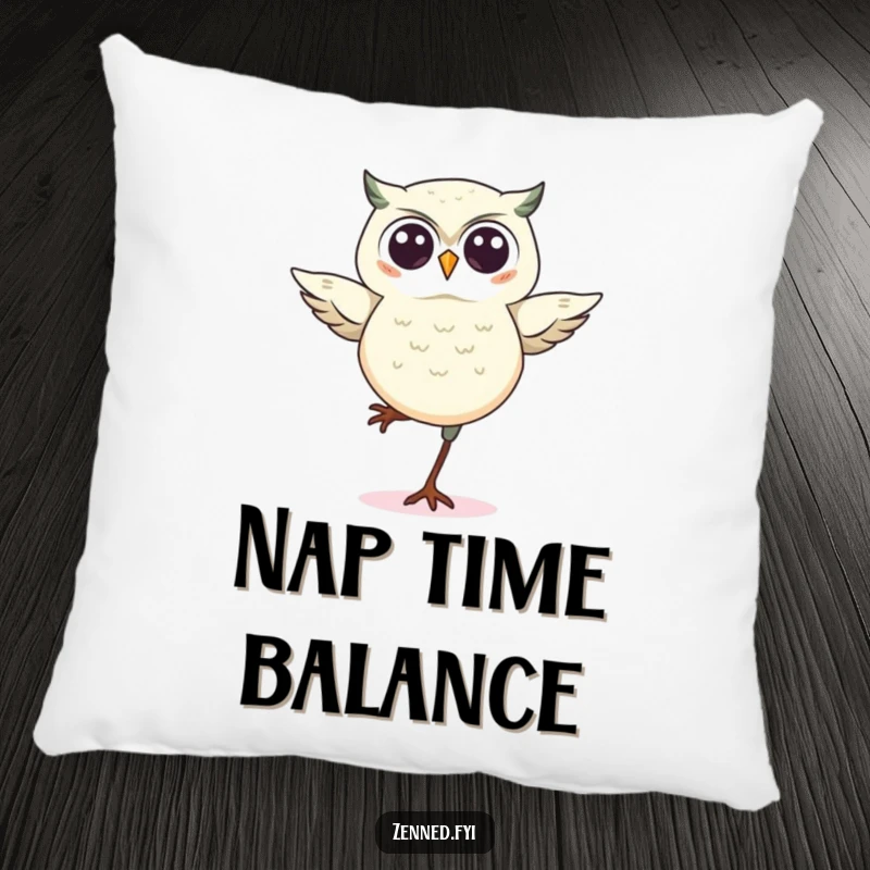 Funny kawaii owl pillow, soft and plush, showing a cute owl balancing on one leg, adding a funny, wise touch to any couch.