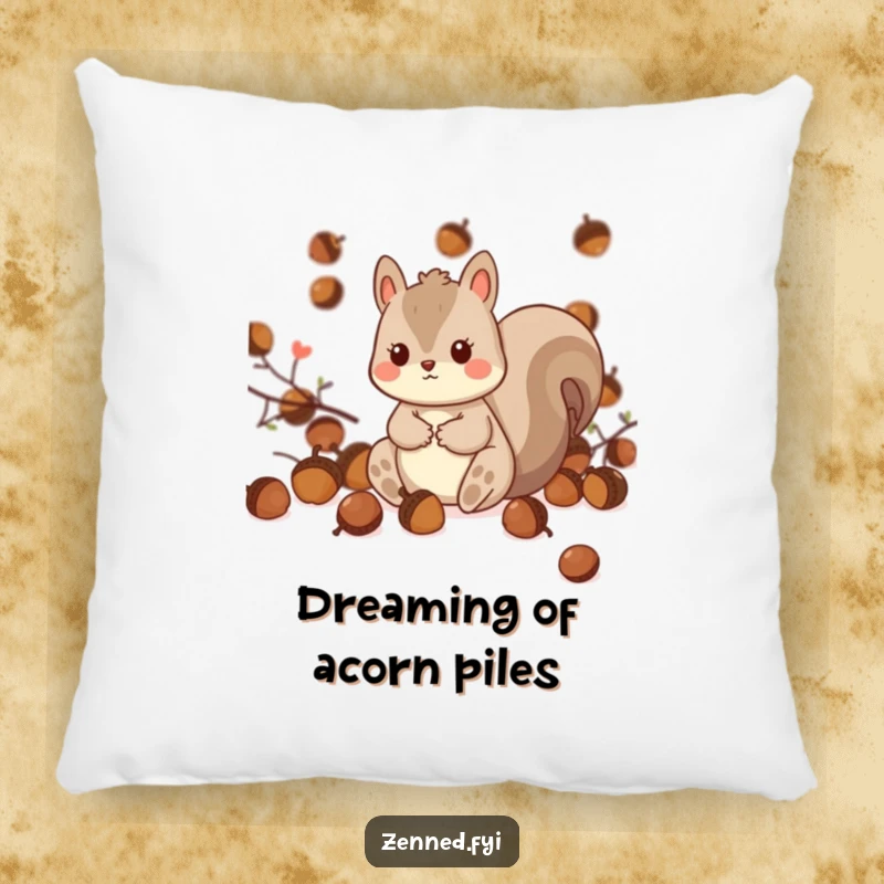 Funny Kawaii Squirrel Pillow: A soft, decorative pillow featuring a playful squirrel surrounded by acorns, offering comfort and a touch of woodland charm.