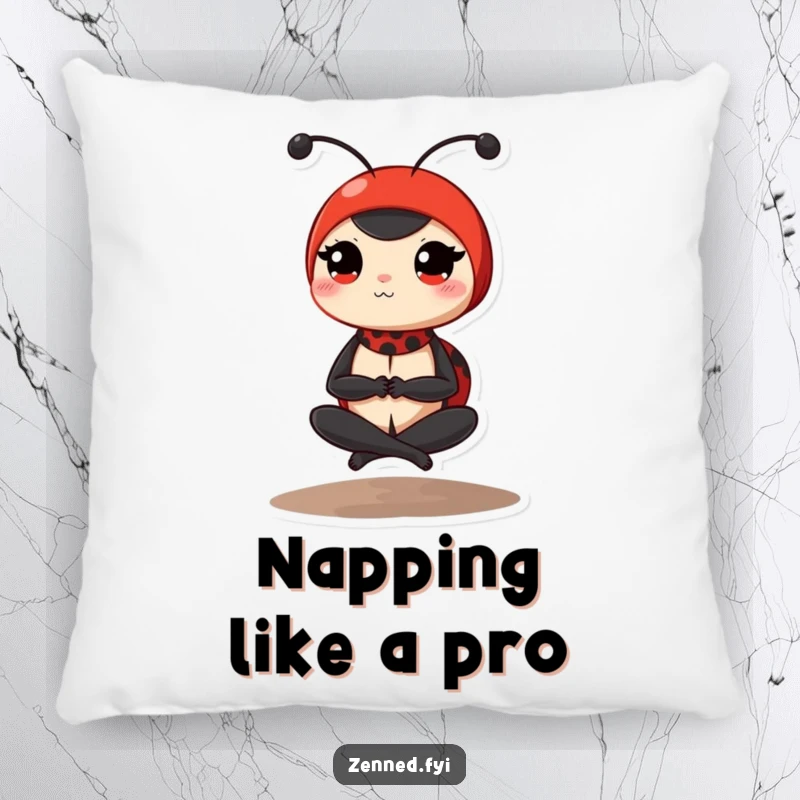 Funny ladybug pillow with a determined red ladybug in a peaceful, cross-legged yoga pose, offering soft comfort and humorous design.