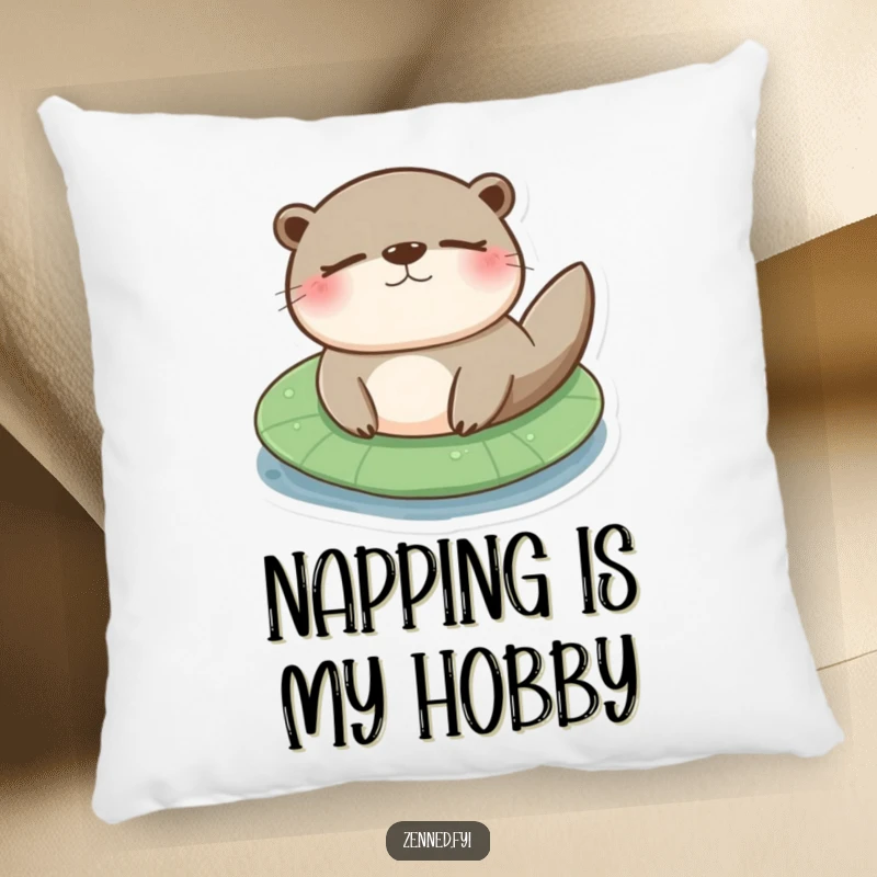 Funny otter lily pad pillow with a content otter floating serenely on a lily pad, perfect for cozy relaxation.